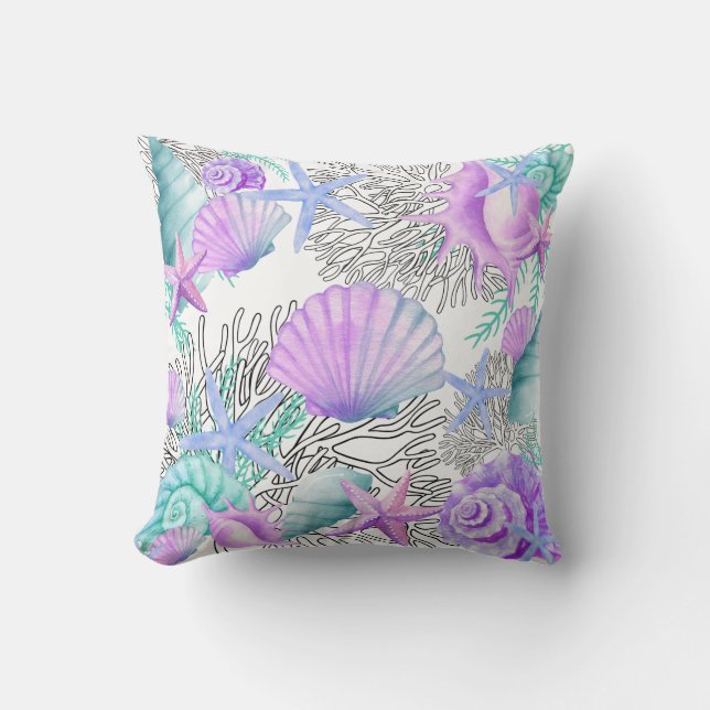 Paarse Roze Teal En Witte Schelpen Kussen (Voorkant)