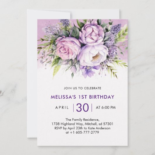Paarse & Roze Tuin Bloemen Meisje 1e Verjaardag Kaart (Voorkant)