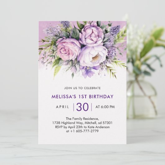 Paarse & Roze Tuin Bloemen Meisje 1e Verjaardag Kaart (Staand voorkant)