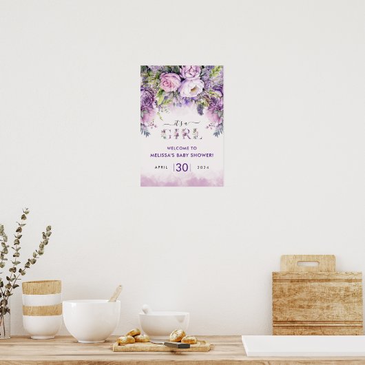 Paarse & Roze Tuin Bloemen Meisje Baby shower Poster (Keuken)