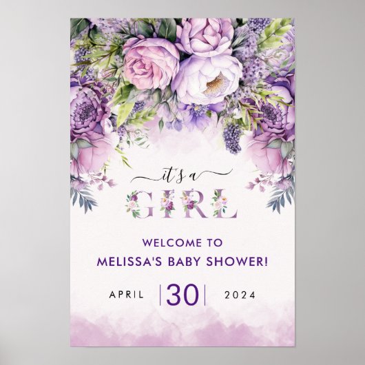 Paarse & Roze Tuin Bloemen Meisje Baby shower Poster (Voorkant)