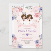 Paarse & Roze TWIN Meisje 1e Heilige Communie Bloe Kaart (Voorkant)