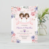 Paarse & Roze TWIN Meisje 1e Heilige Communie Bloe Kaart (Staand voorkant)