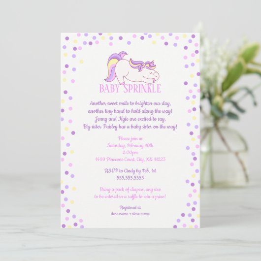 Paarse roze unicorn Baby Sprinkle-uitnodiging Kaart (Staand voorkant)