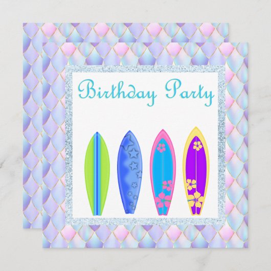 Paarse roze unicorn merma Surfboard uitnodiging ni (Voorkant / Achterkant)