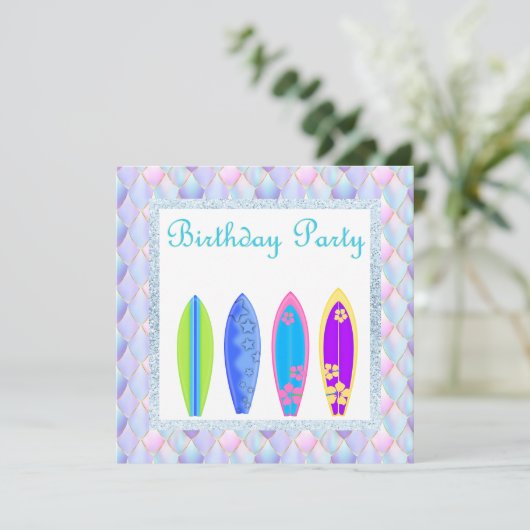 Paarse roze unicorn merma Surfboard uitnodiging ni (Staand voorkant)