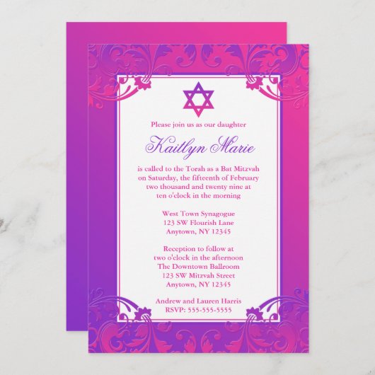 Paarse roze Vlaanderen met Mitzvah-uitnodigingen Kaart (Voorkant / Achterkant)
