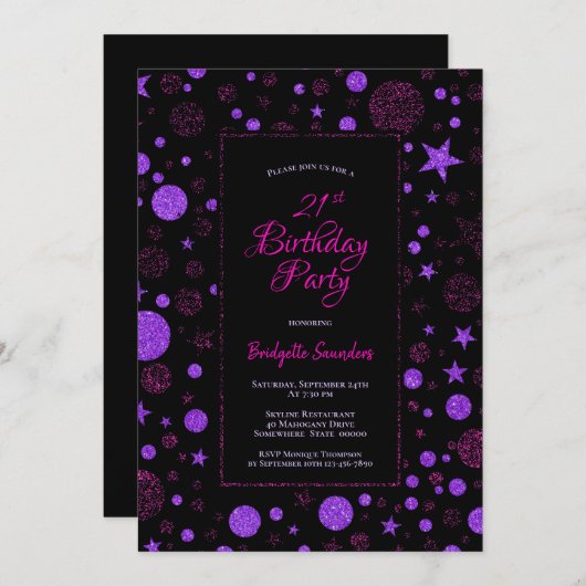 Paarse Roze Vlekken en Sterren 21ste Verjaardagsfe Kaart (Voorkant / Achterkant)
