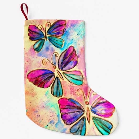 Paarse Roze Vliegende Vlinders Kerstmis Kous Kleine Kerstsok (Voorkant)