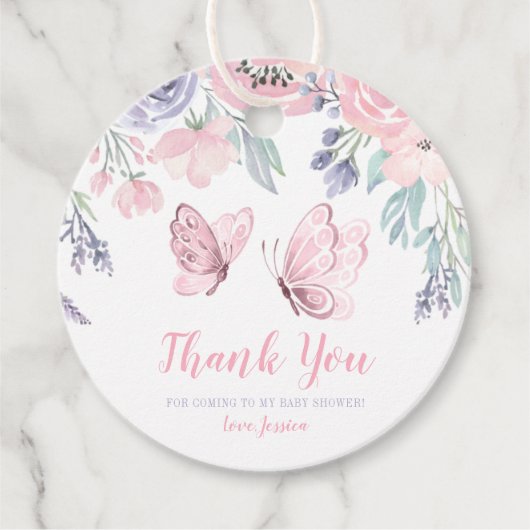 Paarse roze vlinder Baby shower Bedankjes Labels (Voorkant)
