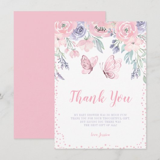Paarse roze vlinder Baby shower Bedankkaart (Voorkant / Achterkant)