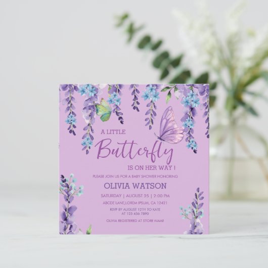 Paarse roze vlinder Baby shower Kaart (Staand voorkant)