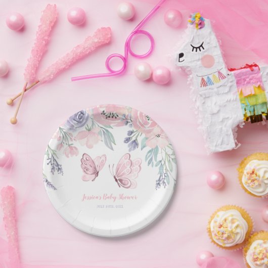 Paarse roze vlinder Baby shower Papieren Bordje (Feest)