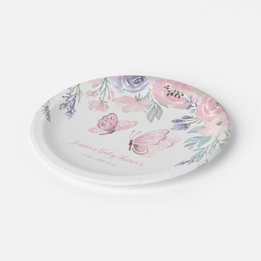 Paarse roze vlinder Baby shower Papieren Bordje (Gekanteld)