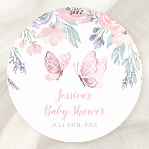 Paarse roze vlinder Baby shower Ronde Sticker