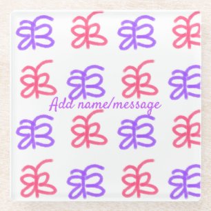 Paarse roze vlinder doodle patroon naam toevoegen glazen onderzetter