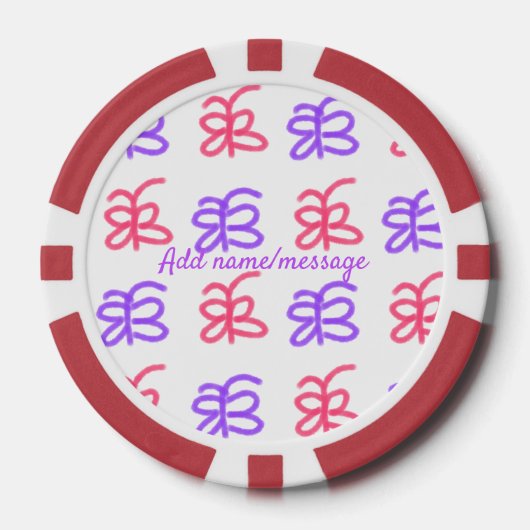 Paarse roze vlinder doodle patroon naam toevoegen  poker chips (Voorkant)