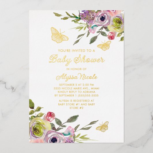 Paarse roze vlinder goudolie Baby Folie Uitnodiging (Voorkant)