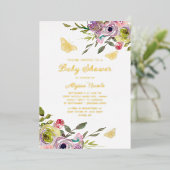 Paarse roze vlinder goudolie Baby Folie Uitnodiging (Staand Voorkant)