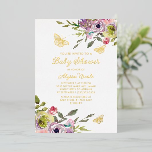 Paarse roze vlinder goudolie Baby Folie Uitnodiging (Staand Voorkant)