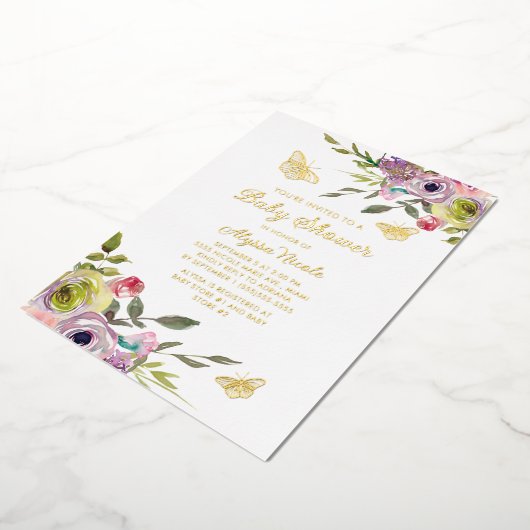 Paarse roze vlinder goudolie Baby Folie Uitnodiging (Gedraaid)