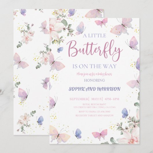 Paarse roze vlinder is onderweg naar Baby shower Kaart (Voorkant / Achterkant)