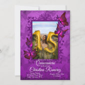 Paarse, roze vlinder Quinceanera-uitnodiging Kaart (Voorkant)