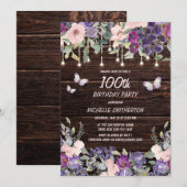 Paarse roze vlinder Rustic 100th Birthday Kaart (Voorkant / Achterkant)