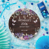 Paarse roze vlinder Rustic 100th Birthday Papieren Bordje (Feest)
