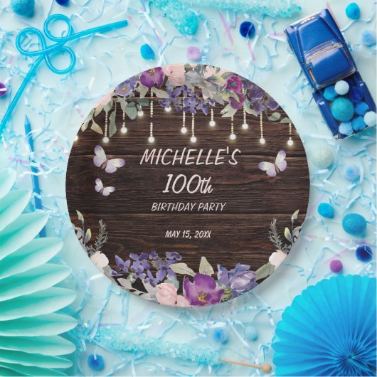 Paarse roze vlinder Rustic 100th Birthday Papieren Bordje (Feest)