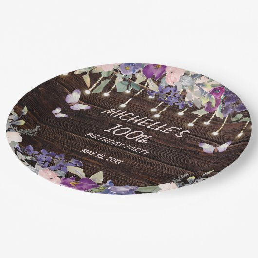 Paarse roze vlinder Rustic 100th Birthday Papieren Bordje (Gekanteld)