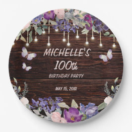 Paarse roze vlinder Rustic 100th Birthday Papieren Bordje