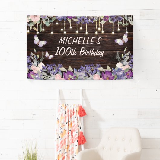 Paarse roze vlinder Rustic 100th Birthday Spandoek (Insitu)