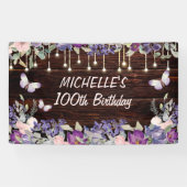 Paarse roze vlinder Rustic 100th Birthday Spandoek (Horizontaal)