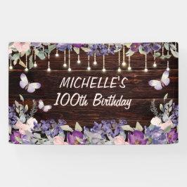 Paarse roze vlinder Rustic 100th Birthday Spandoek