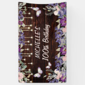 Paarse roze vlinder Rustic 100th Birthday Spandoek (Verticaal)