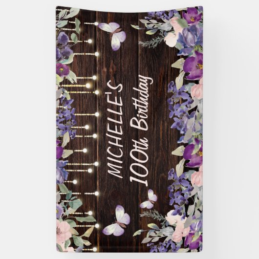 Paarse roze vlinder Rustic 100th Birthday Spandoek (Verticaal)