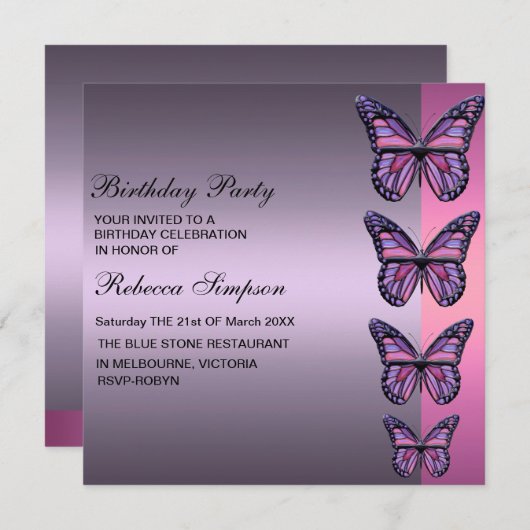 Paarse & Roze Vlinder Verjaardagsuitnodiging Kaart (Voorkant / Achterkant)