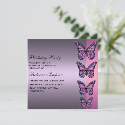 Paarse & Roze Vlinder Verjaardagsuitnodiging Kaart (Staand voorkant)