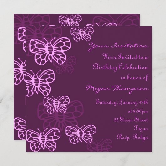 Paarse & Roze Vlinder Verjaardagsuitnodiging Kaart (Voorkant / Achterkant)