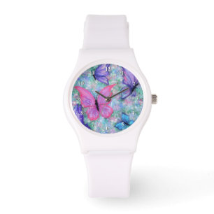 Paarse roze vlinder vliegende lente horloge