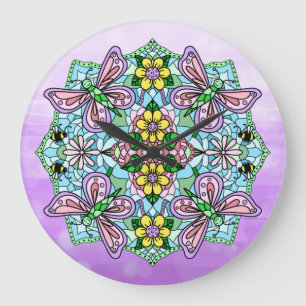 Paarse, roze vlinders en bloemen Mandala Grote Klok