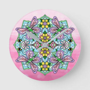 Paarse, roze vlinders en bloemen Mandala Ronde Klok