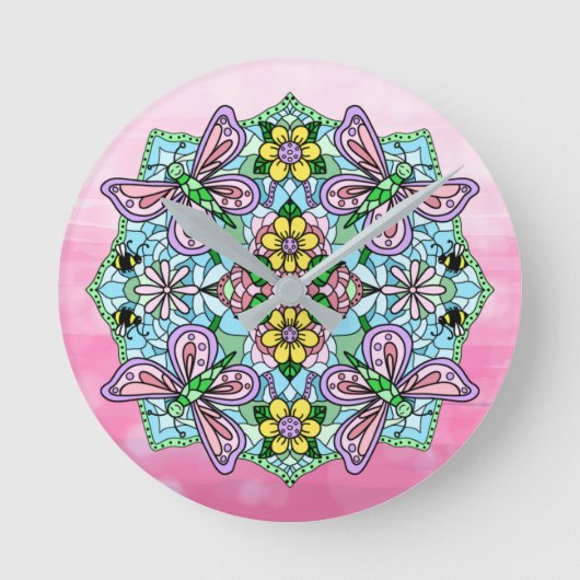 Paarse, roze vlinders en bloemen Mandala Ronde Klok (Voorkant)