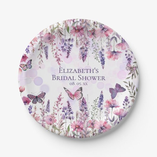 Paarse Roze Vlinders en Wildbloemen Bloemen Papieren Bordje (Voorkant)