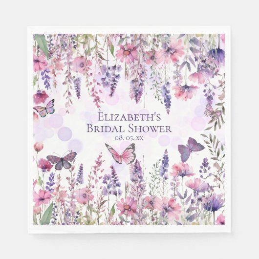 Paarse Roze Vlinders en Wildbloemen Bloemen Servet (Voorkant)