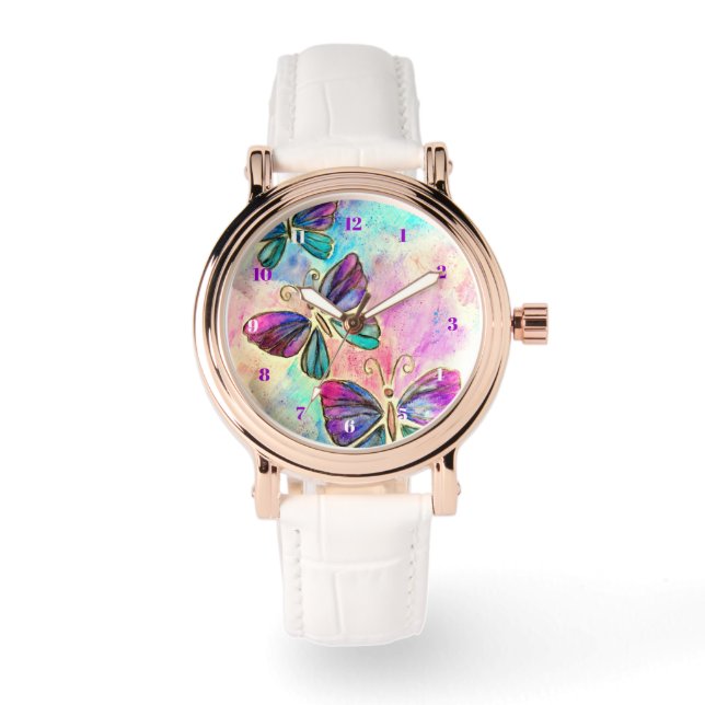 Paarse Roze Vlinders Horloge (Voorkant)
