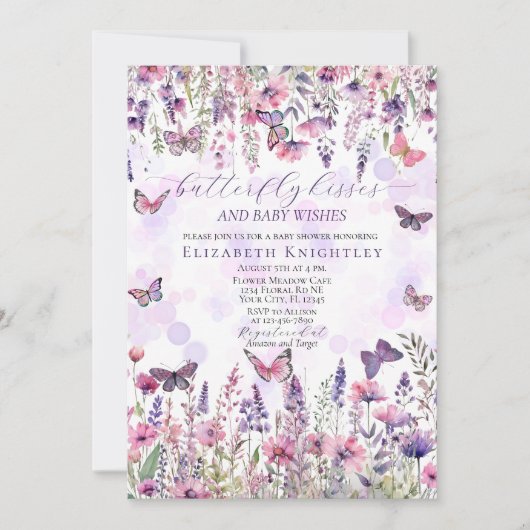 Paarse Roze Vlinders & Wildbloemen Baby shower Kaart (Voorkant)