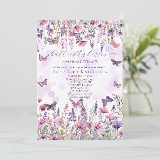 Paarse Roze Vlinders & Wildbloemen Baby shower Kaart (Staand voorkant)