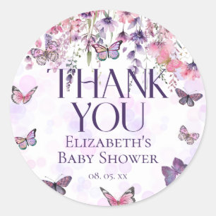 Paarse Roze Vlinders & Wildbloemen Baby shower Ronde Sticker